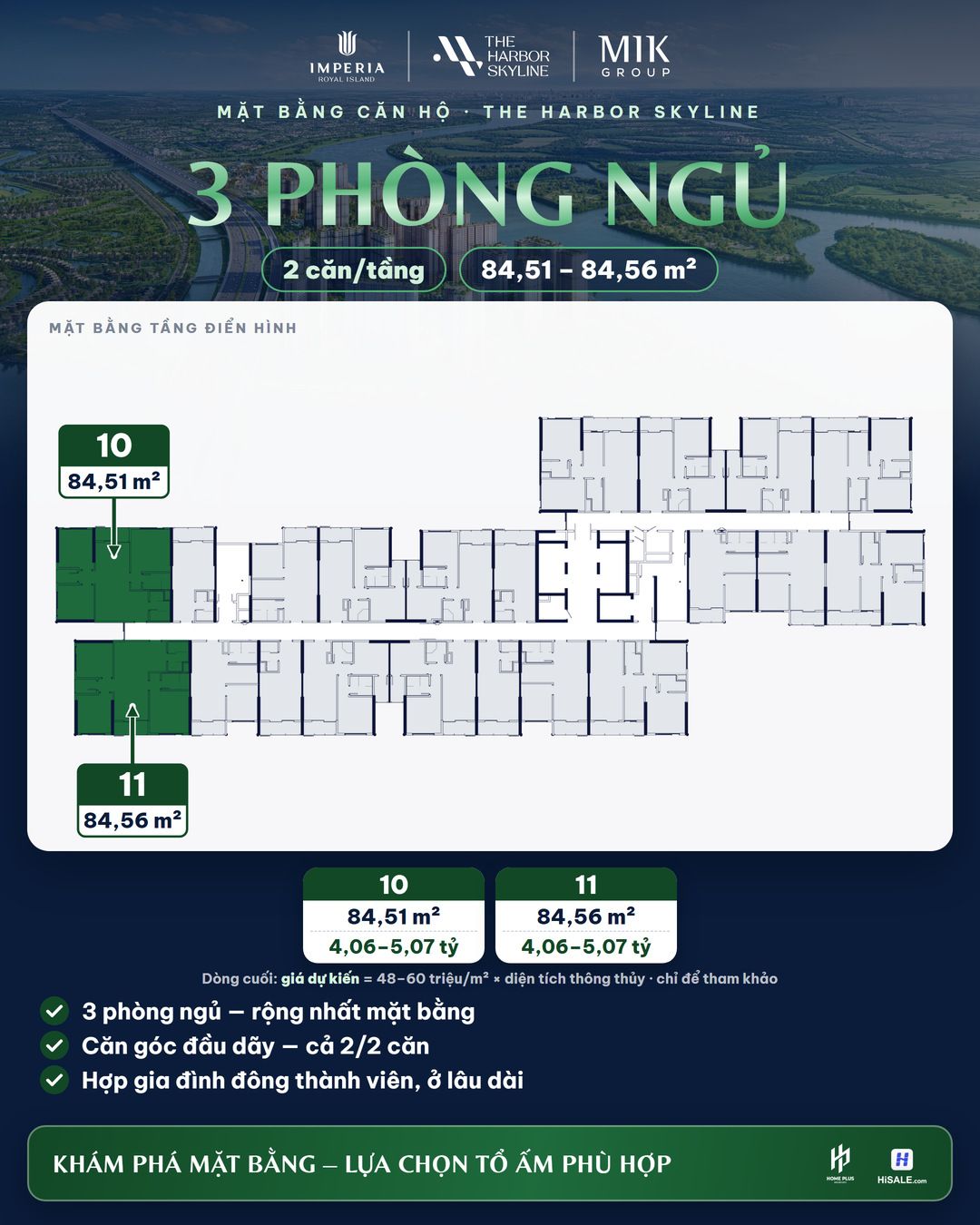 Mặt bằng, diện tích và giá dự kiến căn 3PN