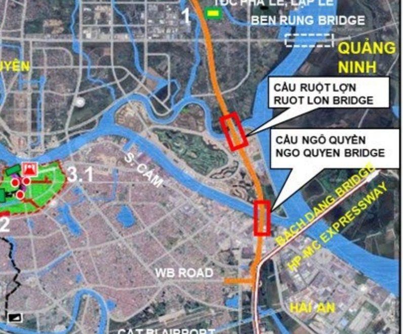 Vị trí cầu Ngô Quyền và cầu Ruột Lợn trên tuyến Vành đai 3 cạnh đảo Vũ Yên