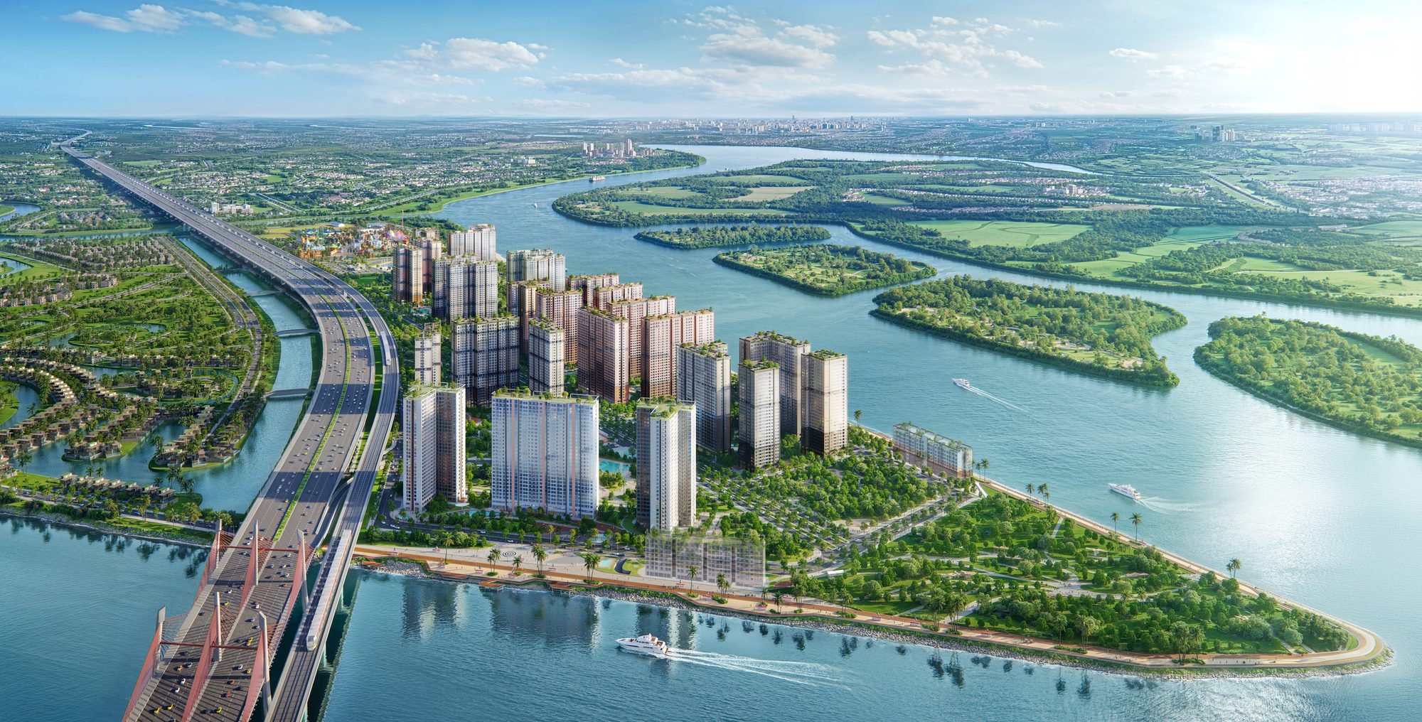 Phối cảnh toàn khu cao tầng đảo Vũ Yên bên sông